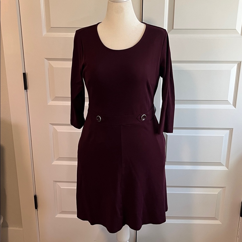 NY & Co. Button Accent Fit & Flare Dress, Burgundy